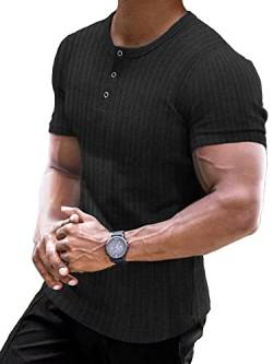 Muscle Cmdr Muscle Henley Shirt Herren Langarm, Slim-fit Langarmshirt, Freizeit T-Shirt aus Baumwolle mit Kurzen/Langen Ärmeln,Schlanke Passform Geripptes Hemd Schwarz/2XL von Muscle Cmdr