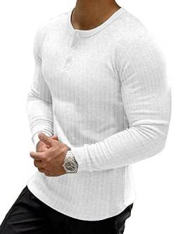 Muscle Cmdr Muscle Henley Shirt Herren Langarm, Slim-fit Langarmshirt, Freizeit T-Shirt aus Baumwolle mit Kurzen/Langen Ärmeln,Schlanke Passform Geripptes Hemd Weiß/2XL von Muscle Cmdr
