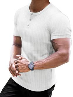 Muscle Cmdr Muscle Henley Shirt Herren Langarm, Slim-fit Langarmshirt, Freizeit T-Shirt aus Baumwolle mit Kurzen/Langen Ärmeln,Schlanke Passform Geripptes Hemd Weiß/L von Muscle Cmdr