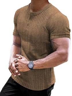 Muscle Cmdr Muscle Henley Shirt Herren Langarm, Slim-fit Langarmshirt, Freizeit T-Shirt aus Baumwolle mit Kurzen Ärmeln,Schlanke Passform Geripptes Hemd Braun/XL von Muscle Cmdr