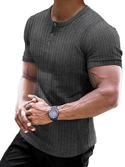 Muscle Cmdr Muscle Henley Shirt Herren Langarm, Slim-fit Langarmshirt, Freizeit T-Shirt aus Baumwolle mit Kurzen Ärmeln,Schlanke Passform Geripptes Hemd Dunkelgrau/S von Muscle Cmdr