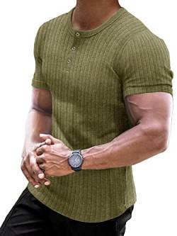 Muscle Cmdr Muscle Henley Shirt Herren Langarm, Slim-fit Langarmshirt, Freizeit T-Shirt aus Baumwolle mit Kurzen Ärmeln,Schlanke Passform Geripptes Hemd Grün/2XL von Muscle Cmdr