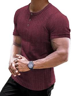 Muscle Cmdr Muscle Henley Shirt Herren Langarm, Slim-fit Langarmshirt, Freizeit T-Shirt aus Baumwolle mit Kurzen Ärmeln,Schlanke Passform Geripptes Hemd Rot/L von Muscle Cmdr