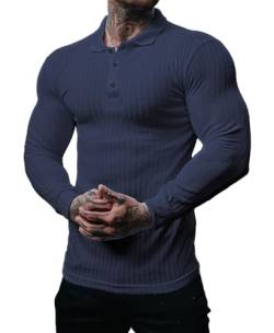 Muscle Cmdr Poloshirt Herren Langarm Baumwolle T Shirts Männer Hemd T-Shirt Slim Fit Golf Sports Blau/2XL von Muscle Cmdr