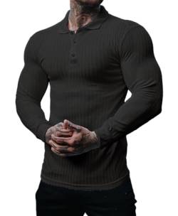 Muscle Cmdr Poloshirt Herren Langarm Baumwolle T Shirts Männer Hemd T-Shirt Slim Fit Golf Sports Schwarz/2XL von Muscle Cmdr