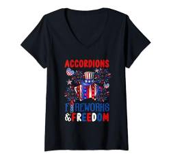 Damen Accordions Fireworks Proud Freedom 4th Of July Instrument T-Shirt mit V-Ausschnitt von Musical, Musician 4th Of July Costume
