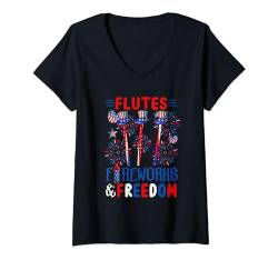Damen Flutes Fireworks Proud Freedom 4th Of July Instrument T-Shirt mit V-Ausschnitt von Musical, Musician 4th Of July Costume