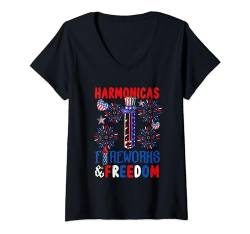 Damen Harmonicas Fireworks Proud Freedom 4th Of July Instrument T-Shirt mit V-Ausschnitt von Musical, Musician 4th Of July Costume