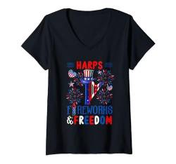 Damen Harps Fireworks Proud Freedom 4th Of July Instrument T-Shirt mit V-Ausschnitt von Musical, Musician 4th Of July Costume