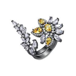 Musihy Damen Ringe, Offener, verstellbarer Ring mit Blumen- und Blatt-Kubikzirkonia für Damen, 22 mm, Schwarz von Musihy
