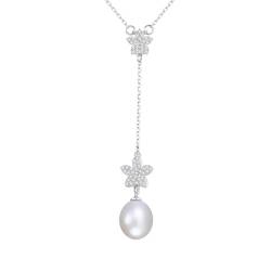 Musihy Halskette Damen Silber 925, Damen-Halskette in Y-Form mit Blumen-Zirkonia und Perlenanhänger, 40 + 5 cm, Weiß von Musihy