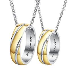 Musihy Halskette Gold, Paar Kette mit Gravur Edelstahl Liebesring Anhänger Personalisiert Paar Ringe Streifen Kette Damen 50CM Herren 60CM von Musihy