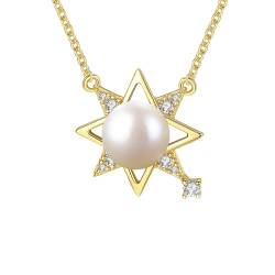 Musihy Halskette Gold Damen, Halskette mit Sternenanhänger aus 925er Silber mit Zirkonia und Perlen für Damen, Weiß von Musihy