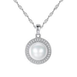 Musihy Ketten Anhänger, Damen-Halskette mit Anhänger aus runder Perle und Kreis aus Zirkonia, 925er Silber, Weiß von Musihy
