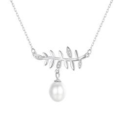 Musihy Ketten Damen 925 Silber, Damen-Halskette mit Blatt- und Perlenanhänger aus 925er Silber, 40+5 cm, Weiß von Musihy