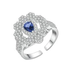 Musihy Ring Verstellbar Silber, Blumenform mit tropfenförmigem Zirkonia-Ring für Damen, 16 mm, Blau von Musihy