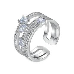 Musihy Ring Verstellbar Silber, Mehrschichtiger, verstellbarer Ring mit geometrischem Zirkonia für Damen, 8 mm, Silber von Musihy