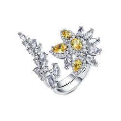 Musihy Ring Verstellbar Silber, Offener, verstellbarer Ring mit Blumen- und Blatt-Kubikzirkonia für Damen, 22 mm, Silber von Musihy