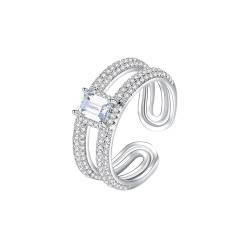 Musihy Ring Verstellbar Silber, Offener Doppelschicht-Zirkonia-Ring für Damen, Silber von Musihy