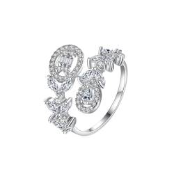 Musihy Ring Verstellbar Silber, Verstellbarer Ring in Blumen- und Blattform mit Zirkonia für Damen, Silber von Musihy