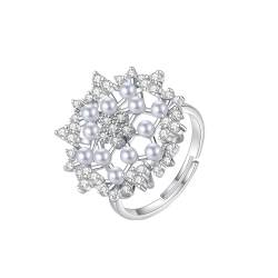 Musihy Ring Verstellbar Silber, Verstellbarer Ring mit ausgehöhlter Blume und Zirkonia und Perle für Damen, Silber von Musihy