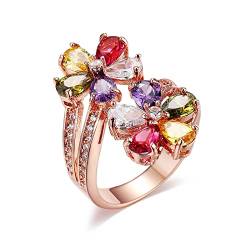 Rosegold Ring mit Stein, Ring Multicolor Ring Rosegold Blume mit Tropfenform und Runden Zirkonia Ringe Stein Ring Gr 62 von Musihy