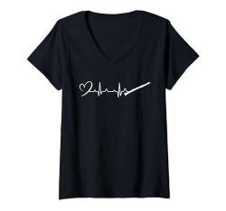 Damen Herzschlag Herzfrequenz Herzlinie Klarinette T-Shirt mit V-Ausschnitt von Musiker Holzblasinstrument Klarinette