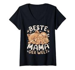 Damen Beste Mama der Welt Zwergspitz Mutter mit 2 Welpen Muttertag T-Shirt mit V-Ausschnitt von Muttertag Mama Oma Geschenk Ideen by Conreo