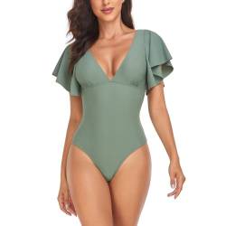 Muwodkdn Damen Badeanzug V Ausschnitt Rüschen Einteilige Badeanzüge Tummy Control Bauchweg One Piece Push Up Bademode Raffung Monokinis Plus Size Badebekleidung Grün S von Muwodkdn