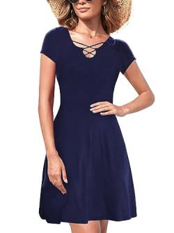 Muwodkdn Damen Freizeitkleid A Linie Minikleider Einfarbig Knielang Strandkleider Kurz Sommerkleid mit Zierbändern am Ausschnitt Elegant Tunika Kleid Navy blau S von Muwodkdn