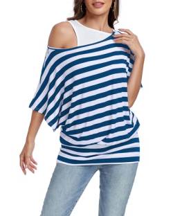 Muwodkdn Damen Gestreiftes T-Shirt Sommer Kurzarm Oberteile 2 in 1 Strandshirt (Royal Blau, M) von Muwodkdn