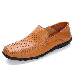 Driving Mokassins Loafer Schuhe für Herren Echtes Leder Runde Zehen Nähte Details Perforiert Atmungsaktiv Flache Ferse Flexibel Rutschfest Leicht, braun, 42 2/3 EU von Muyin