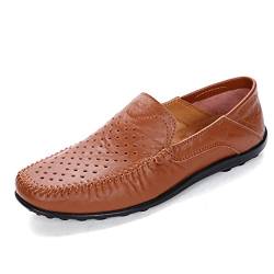 Driving Mokassins Loafer Schuhe für Herren Echtes Leder Runde Zehen Nähte Details Perforiert Atmungsaktiv Flache Ferse Flexibel Rutschfest Leicht, rotbraun, 42 1/3 EU von Muyin