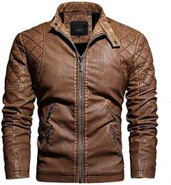 Herren Lederjacke Stehkragen Motorradjacke Klassisch Winter Kunstleder Jacke - khaki - Small von Muzboo