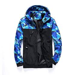 Herren Windbreaker mit Kapuze, leicht, winddicht, schnelltrocknend, Reißverschluss, Camouflage, blau von Muzboo