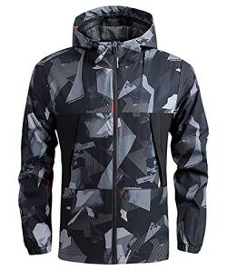 Herren Winddicht Camouflage Hoodie Leichte Sportjacke Schwarz-M von Muzboo