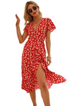 Muzboo Damen Bedruckt V Ausschnitt Rüschen Chiffon Kleid A-Linie Elegant Strand Krawatte Langes Kleid Rot-2XL von Muzboo