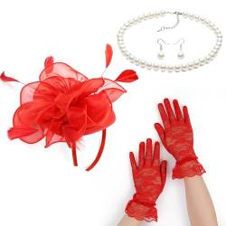 Fascinator-Set für Damen, elegant, Perlen, Halskette, Ohrringe, Spitze, Handschuhe, Set, 1920er-Jahre, vielseitige Kopfbedeckung, schwarzer Schleier für Damen von Mxming