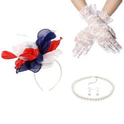 Fascinator-Set für Damen, elegant, Perlen, Halskette, Ohrringe, Spitze, Handschuhe, Set, 1920er-Jahre, vielseitige Kopfbedeckung, schwarzer Schleier für Damen von Mxming