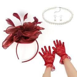 Fascinator-Set für Damen, elegant, Perlen, Halskette, Ohrringe, Spitze, Handschuhe, Set, 1920er-Jahre, vielseitige Kopfbedeckung, schwarzer Schleier für Damen von Mxming