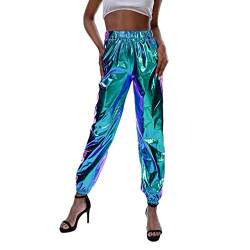 Mxssi Damen Shiny Metallic Hosen Streetwear Hip Hop Dance Nachtclub High Waist Hosen Holographic Wetlook Pluderhosen von Mxssi