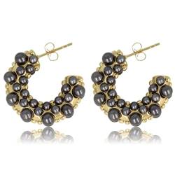 My Bendel - Offener Ohrring gold mit schwarzen Perlen- Edelstahl-Ohrringe für Frauen - Silber und Gold von My Bendel