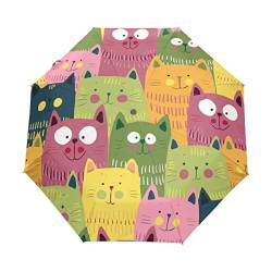 My Daily Regenschirm mit lustigen, niedlichen Katzen, bunt, Reise-Regenschirm mit automatischem Öffnen und Schließen, UV-Schutz, winddicht, leicht, kompakt von My Daily