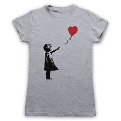 My Icon Art & Clothing Banksy Girl Heart Balloon Graffiti Street Art Damen T-Shirt, Grau, 2XL von My Icon Art & Clothing