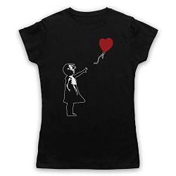 My Icon Art & Clothing Banksy Girl Heart Balloon Graffiti Street Art Damen T-Shirt, Schwarz, 2XL von My Icon Art & Clothing