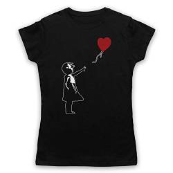 My Icon Art & Clothing Banksy Girl Heart Balloon Graffiti Street Art Damen T-Shirt, Schwarz, Large von My Icon Art & Clothing