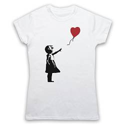 My Icon Art & Clothing Banksy Girl Heart Balloon Graffiti Street Art Damen T-Shirt, Weiß, 2XL von My Icon Art & Clothing
