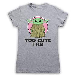 My Icon Art & Clothing Mandalor Star Baby Yoda Too Cute I Am Sci Fi Film Spinoff TV Damen T-Shirt, Grau, Medium von My Icon Art & Clothing