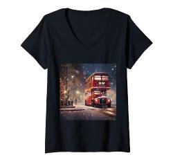 Vintage Routemaster Bus London Weihnachten Schneeszene Druck T-Shirt mit V-Ausschnitt von My London Souvenirs
