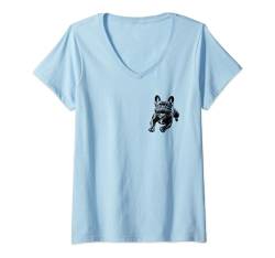 Damen Fröhliche schwarze Französische Bulldogge auf Brust T-Shirt mit V-Ausschnitt von MyAnimal - Your Favourite Animal Wear